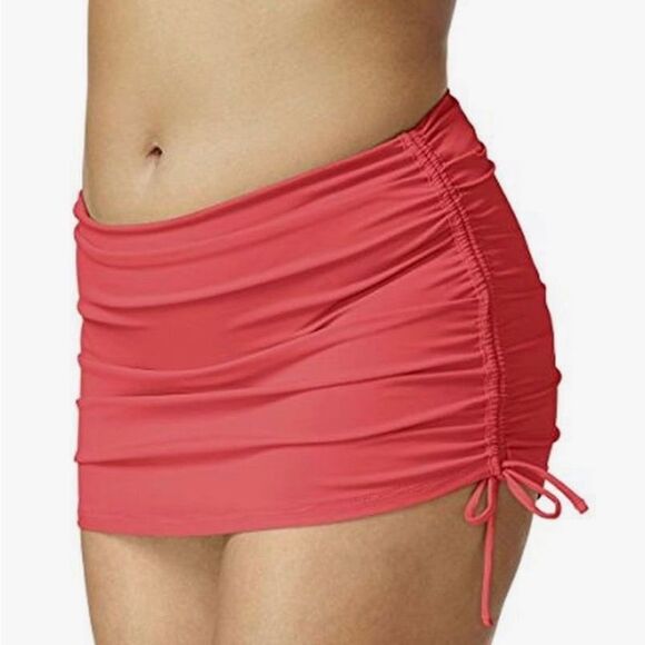 Island Escape Plus Women's Hamptons Ruched Skirtini Swim Bottom Coral 24W - Picture 5 of 5